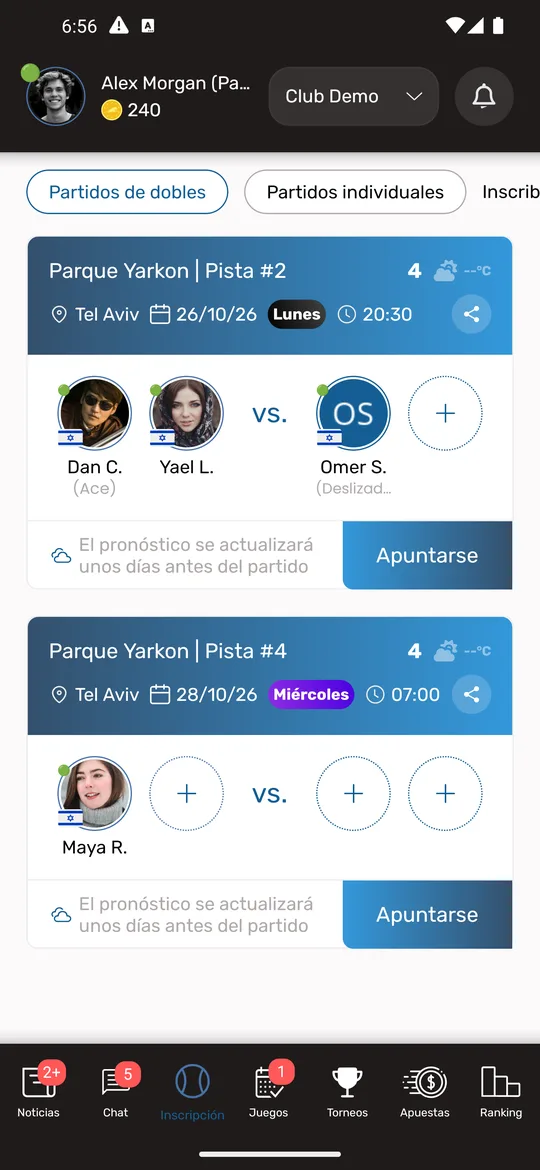 La pestaña de inscripción de ATPenn: partidos de dobles con los jugadores apuntados y las plazas libres de cada lado